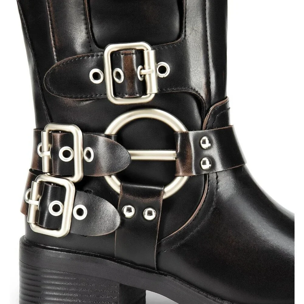 Women's Knee High Riding Boots Slip On Motorcycle Boot Fashion Buckle Biker Boot - Picture 7 of 7